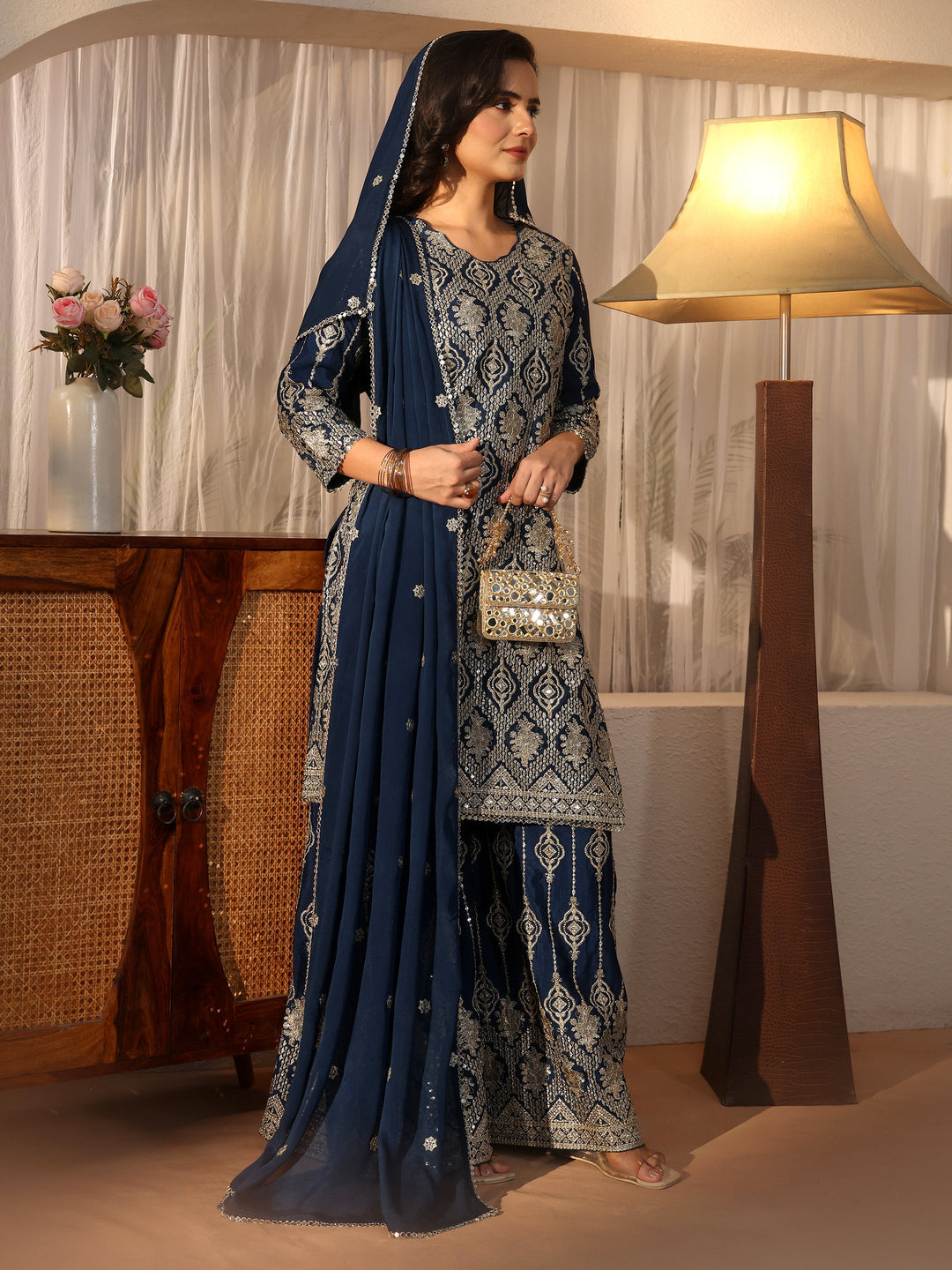 Libas Art Navy Blue Ethnic Embroidered Chinon Palazzo Suit Set