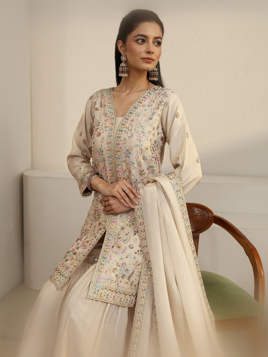  Libas Art Off White Floral Embroidered Organza Palazzo Suit Set 