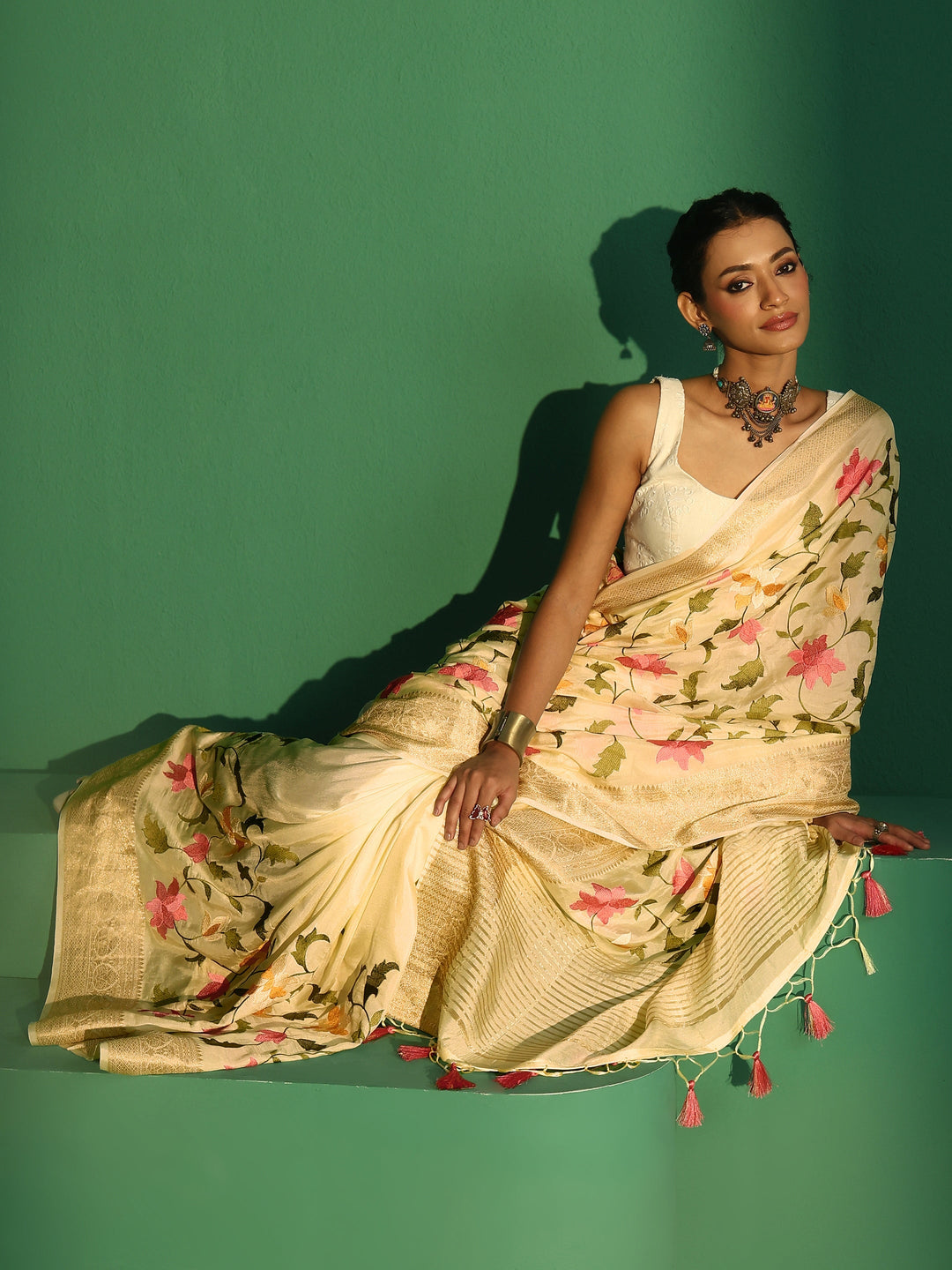 Libas Art Off White Floral Embroidered Silk Blend Saree with Woven Border 