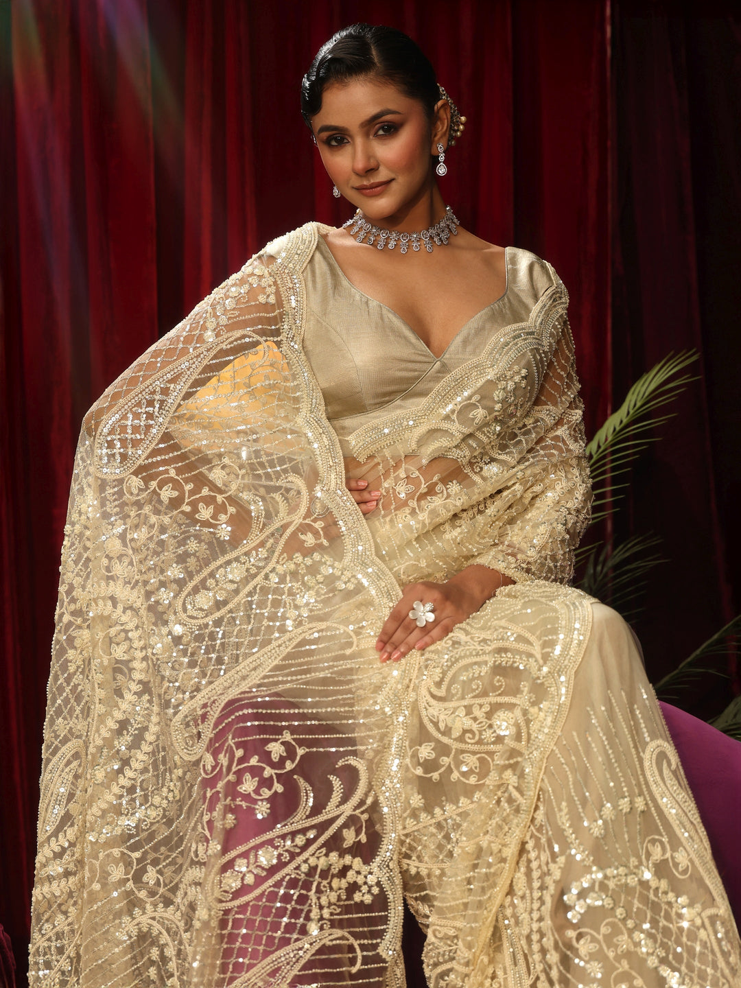Libas Art Off White Floral Sequin Embellished Net Saree