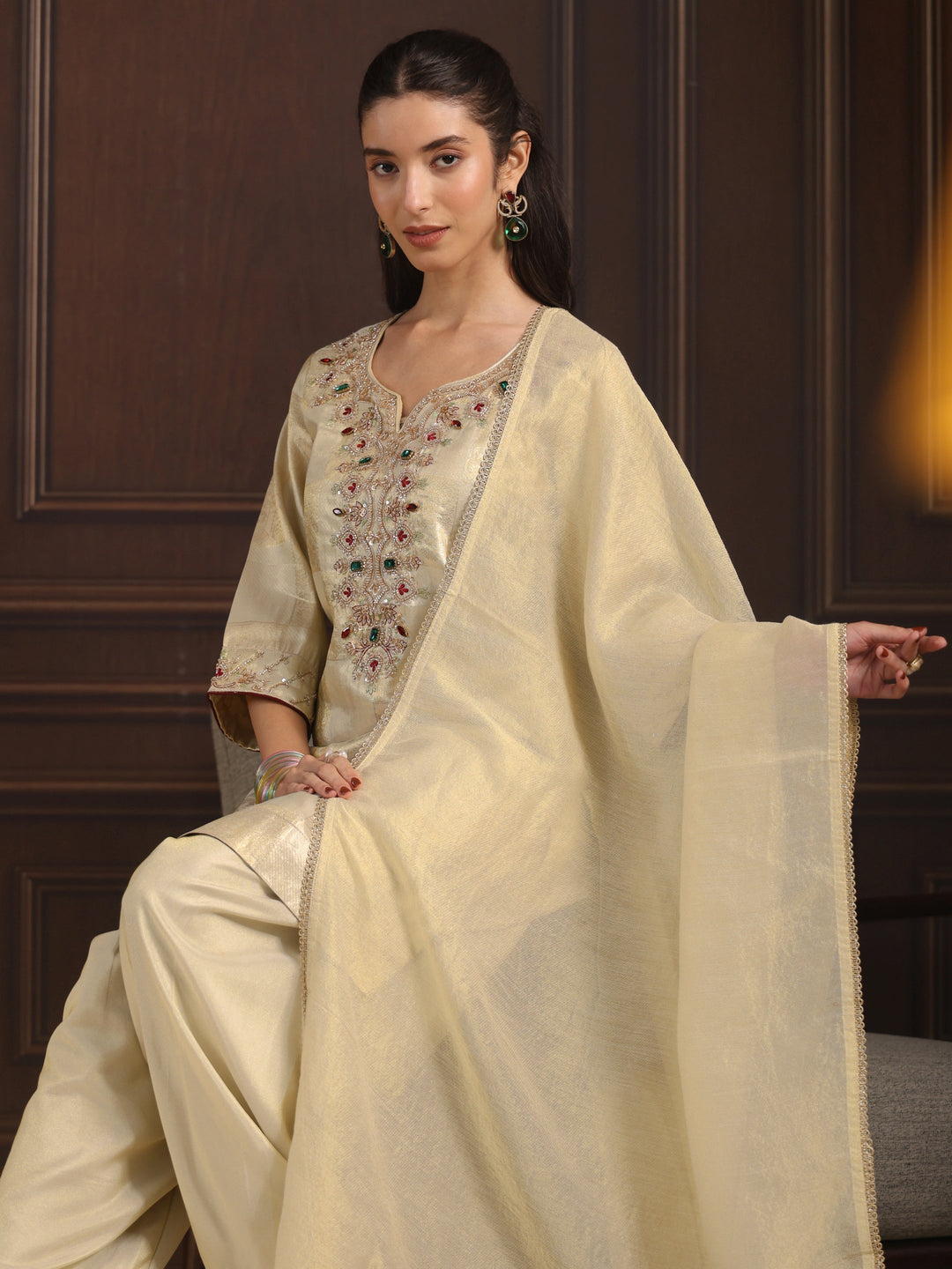 Libas Art Off White Yoke Design Embellished Silk Blend Farshi Salwar Suit