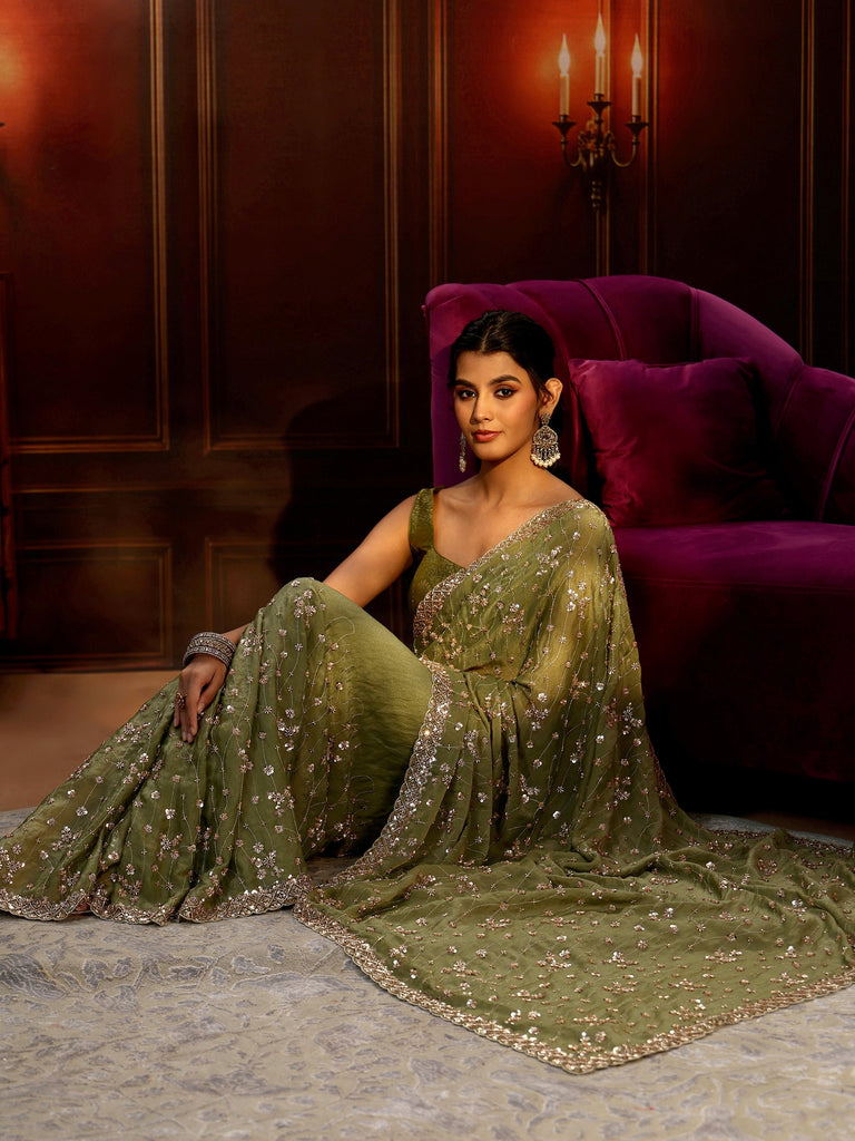 Libas Art Olive Green Embellished Tissue Saree