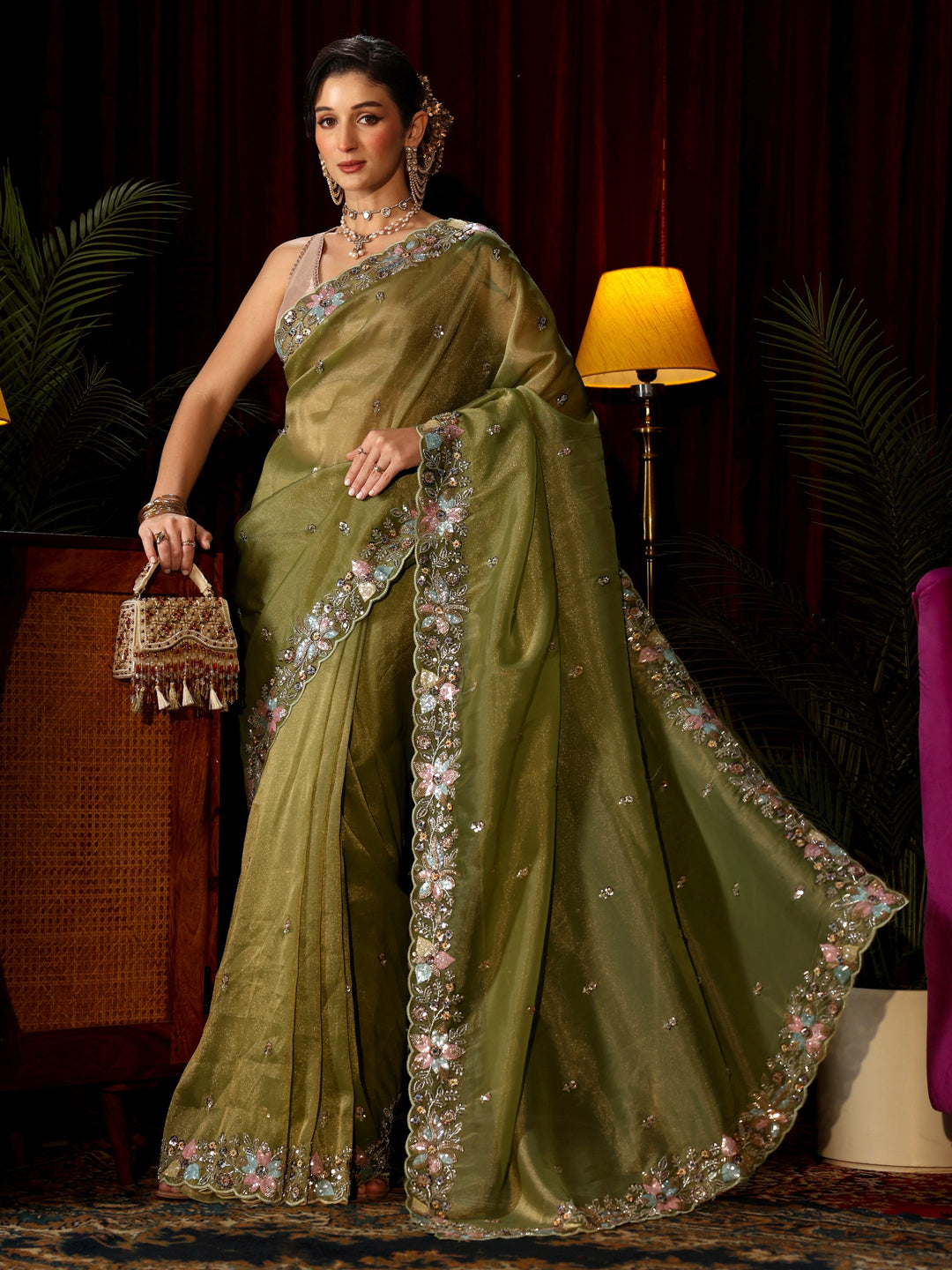  Libas Art Olive Green Sequin Embellished Tissue Saree 