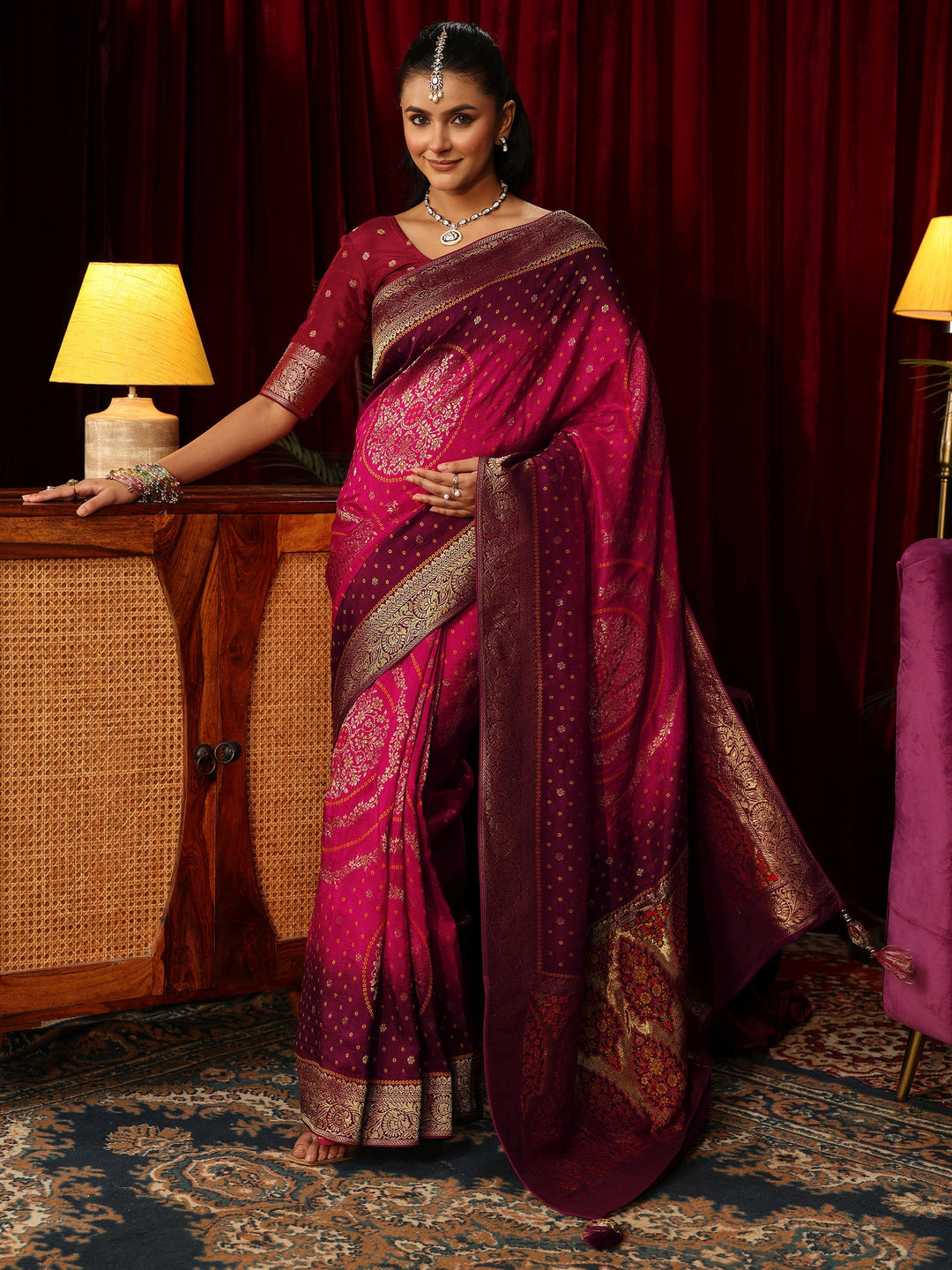  Libas Art Ombre Pink Bandhani Silk Blend Saree with Woven Floral Design 
