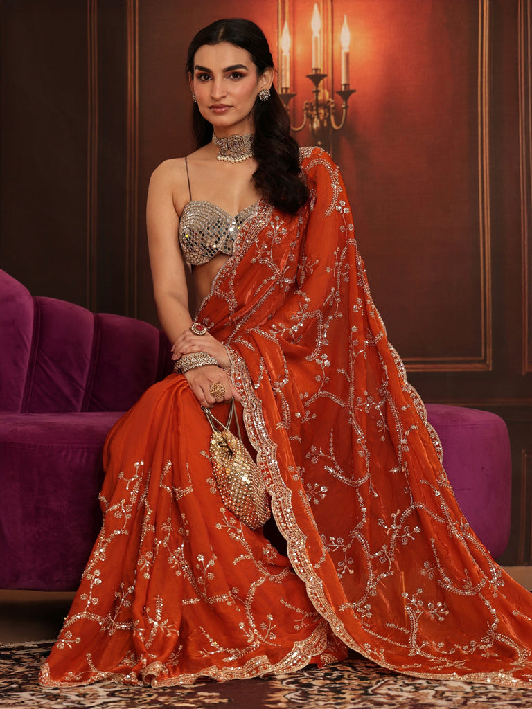 Libas Art Orange Embellished Tissue Saree