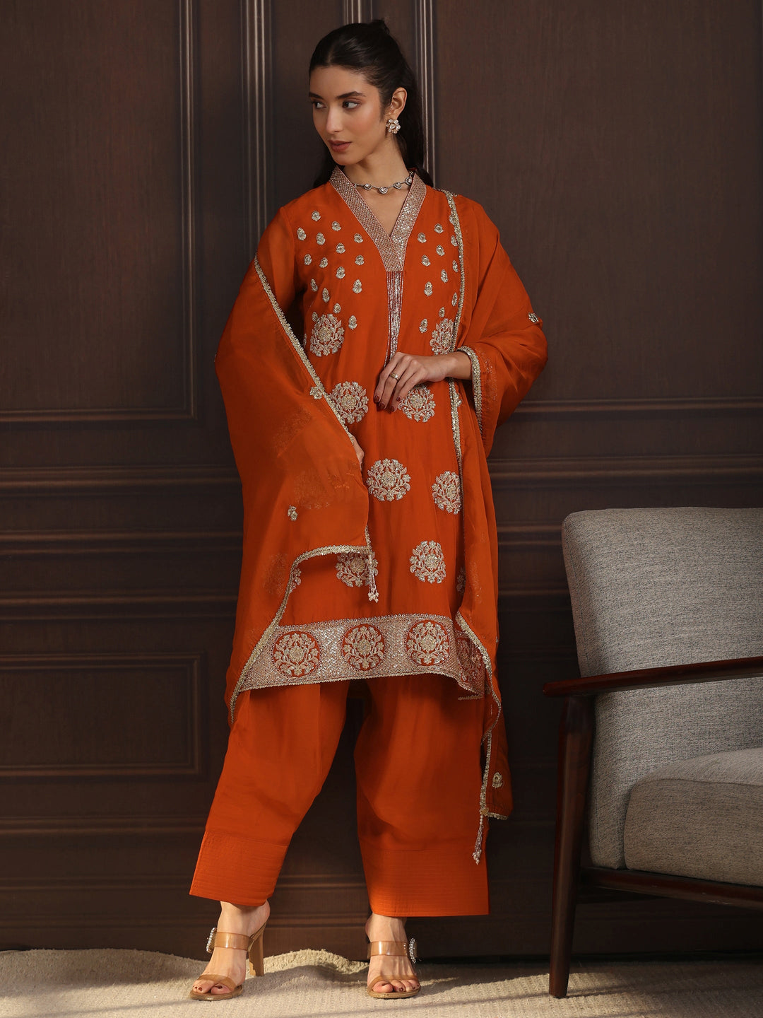  Libas Art Orange Embroidered Organza Straight Kurta Set 