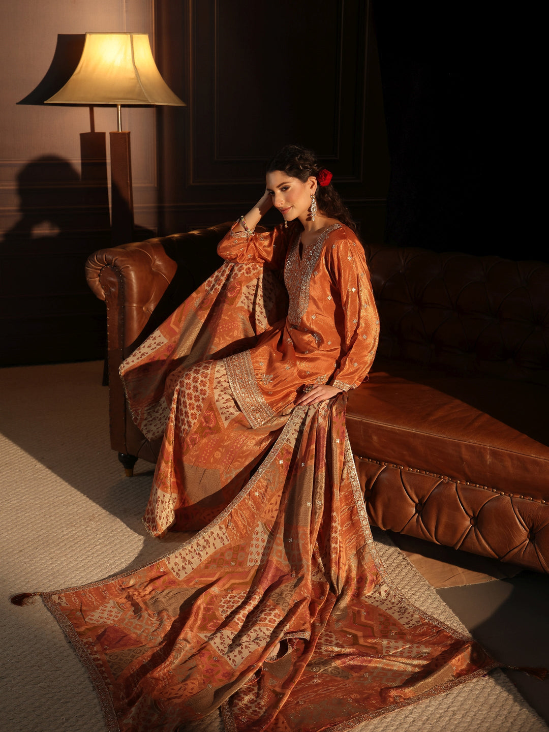  Libas Art Orange Floral Embellished Tissue Palazzo Suit Set 