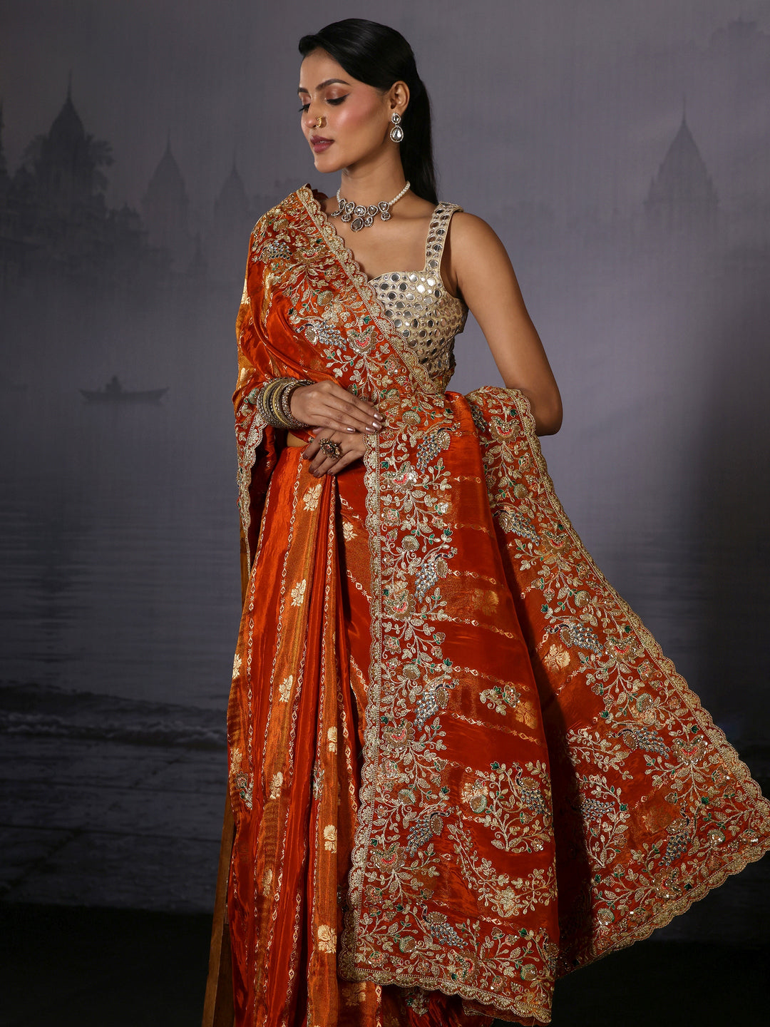  Libas Art Orange Floral Embellished Woven Design Silk Blend Saree 