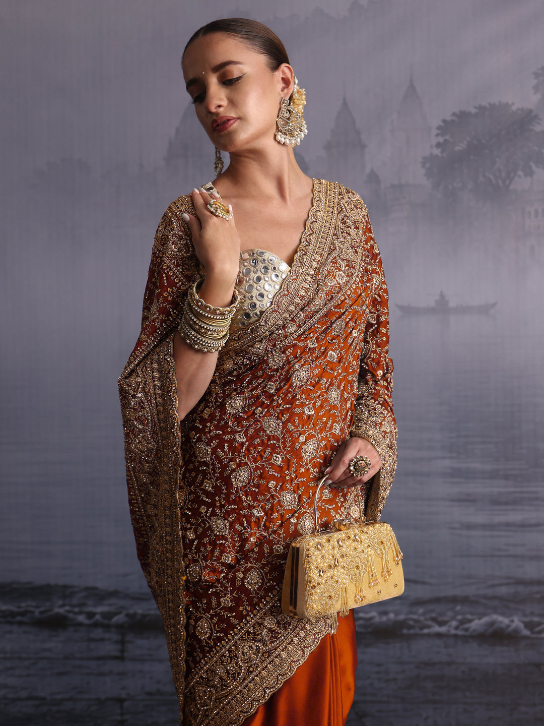  Libas Art Orange Floral Embroidered Satin Saree with Stone Work 