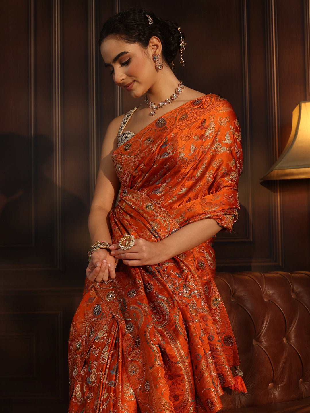 Libas Art Orange Floral Woven Design Satin Saree