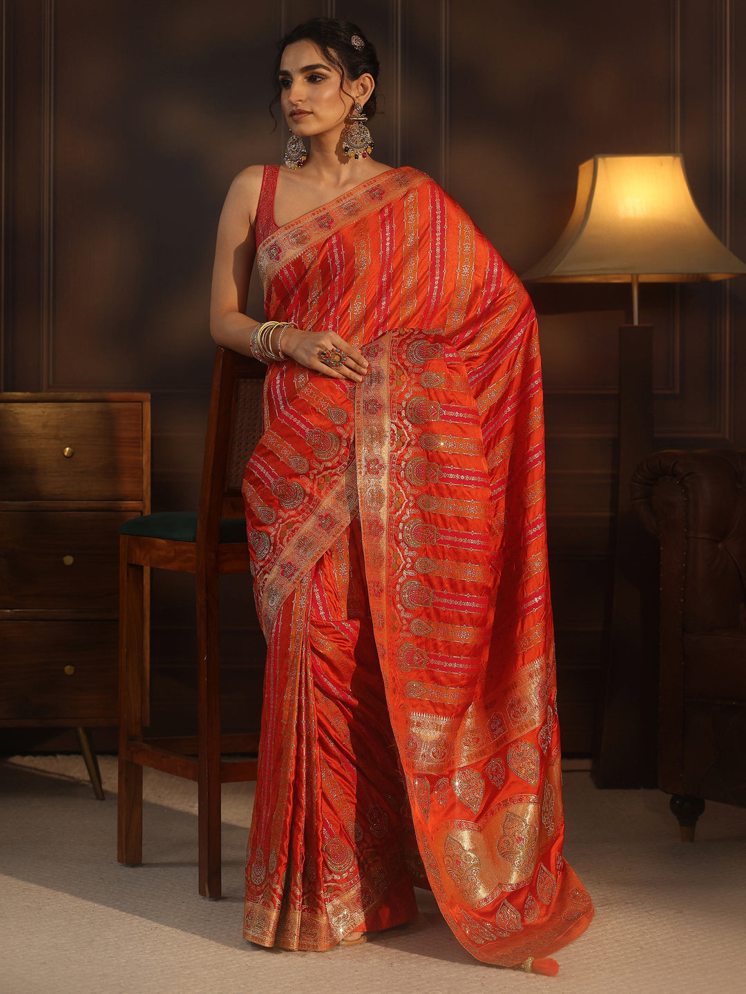 Libas Art Orange Striped Woven Design Satin Saree with Stone Work