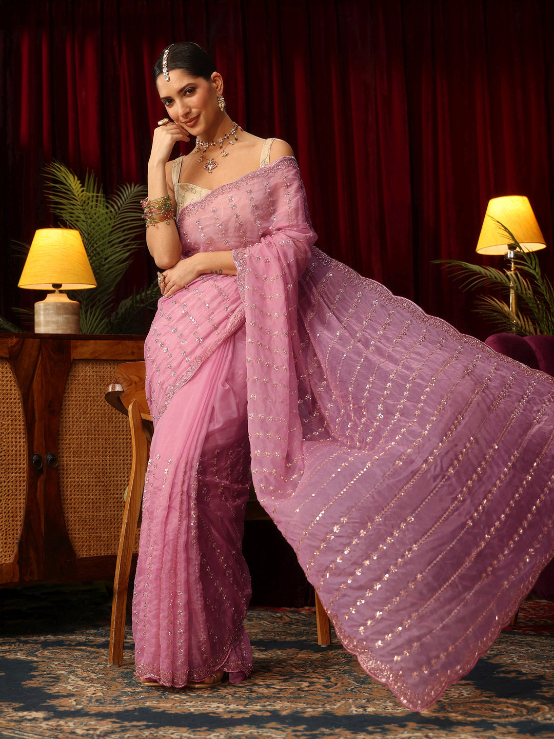  Libas Art Pansy Pink Sequin Embellished Tissue Saree 