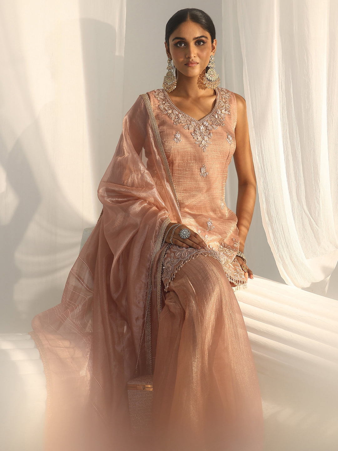  Libas Art Peach Floral Embellished Sleeveless Tissue Sharara Suit Set 