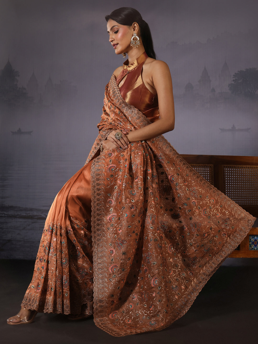  Libas Art Peach Floral Embroidered Stone Work Net Saree 