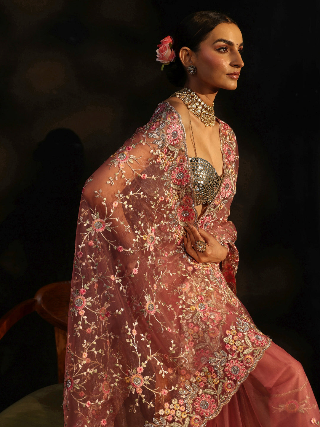  Libas Art Peach Pink Floral Embellished Net Saree 