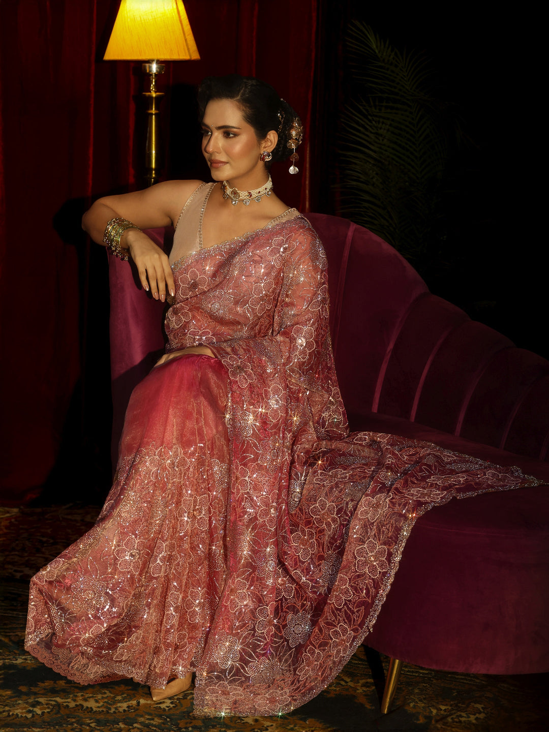  Libas Art Peach Pink Floral Embellished Tissue Saree 