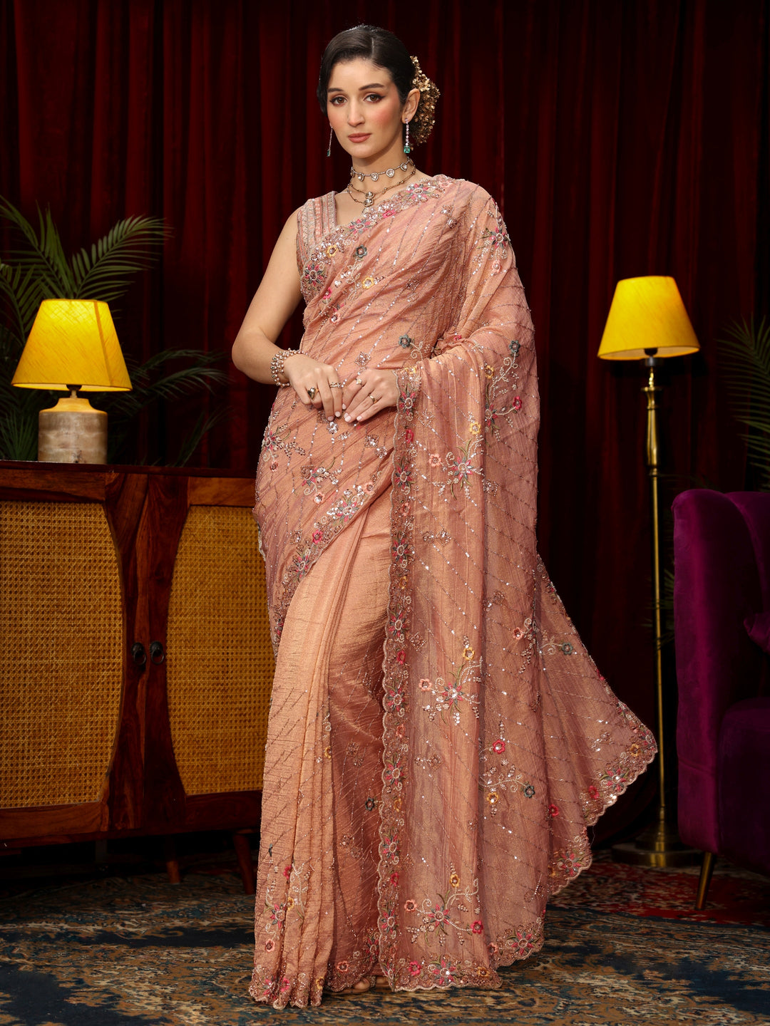  Libas Art Peach Pink Floral Sequin Embellished Tissue Saree 