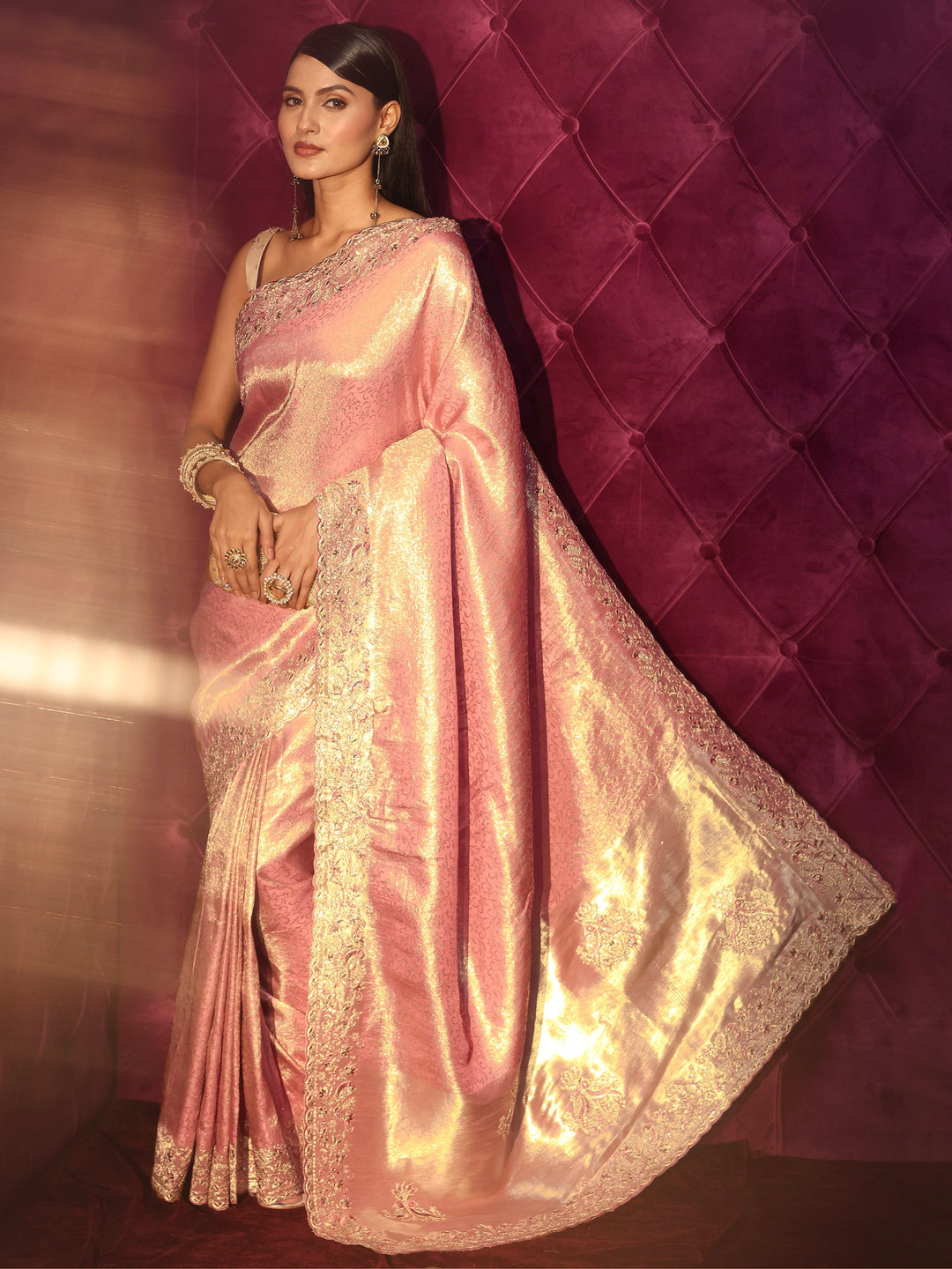 Libas Art Peach Woven Design Silk Blend Saree with Embroidered Border