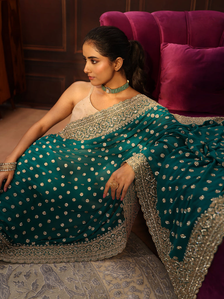 Libas Art Peacock Green Embellished Georgette Saree