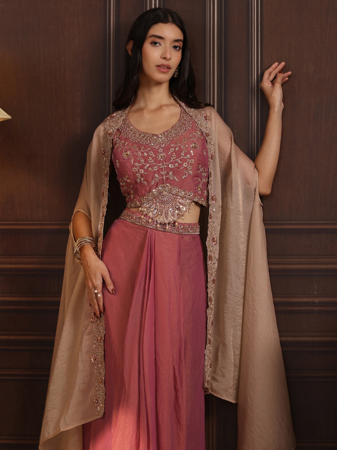  Libas Art Pink Embellished Cape and Draped Skirt Tissue Co-Ord Set 