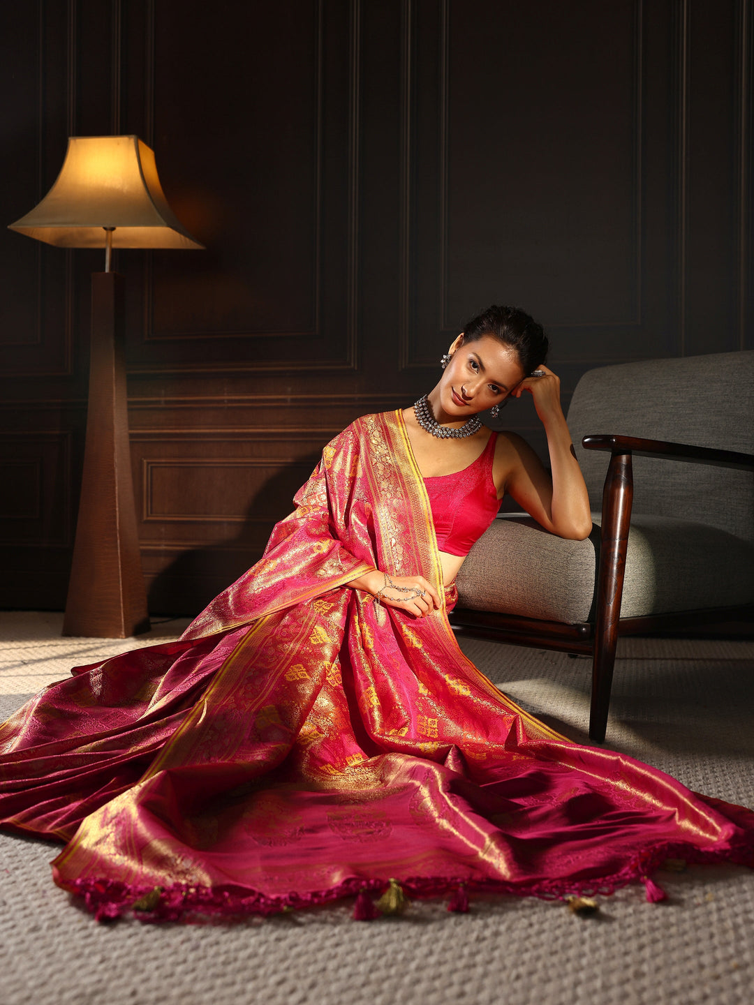  Libas Art Pink Ethnic Woven Design Silk Blend Tassel Saree 