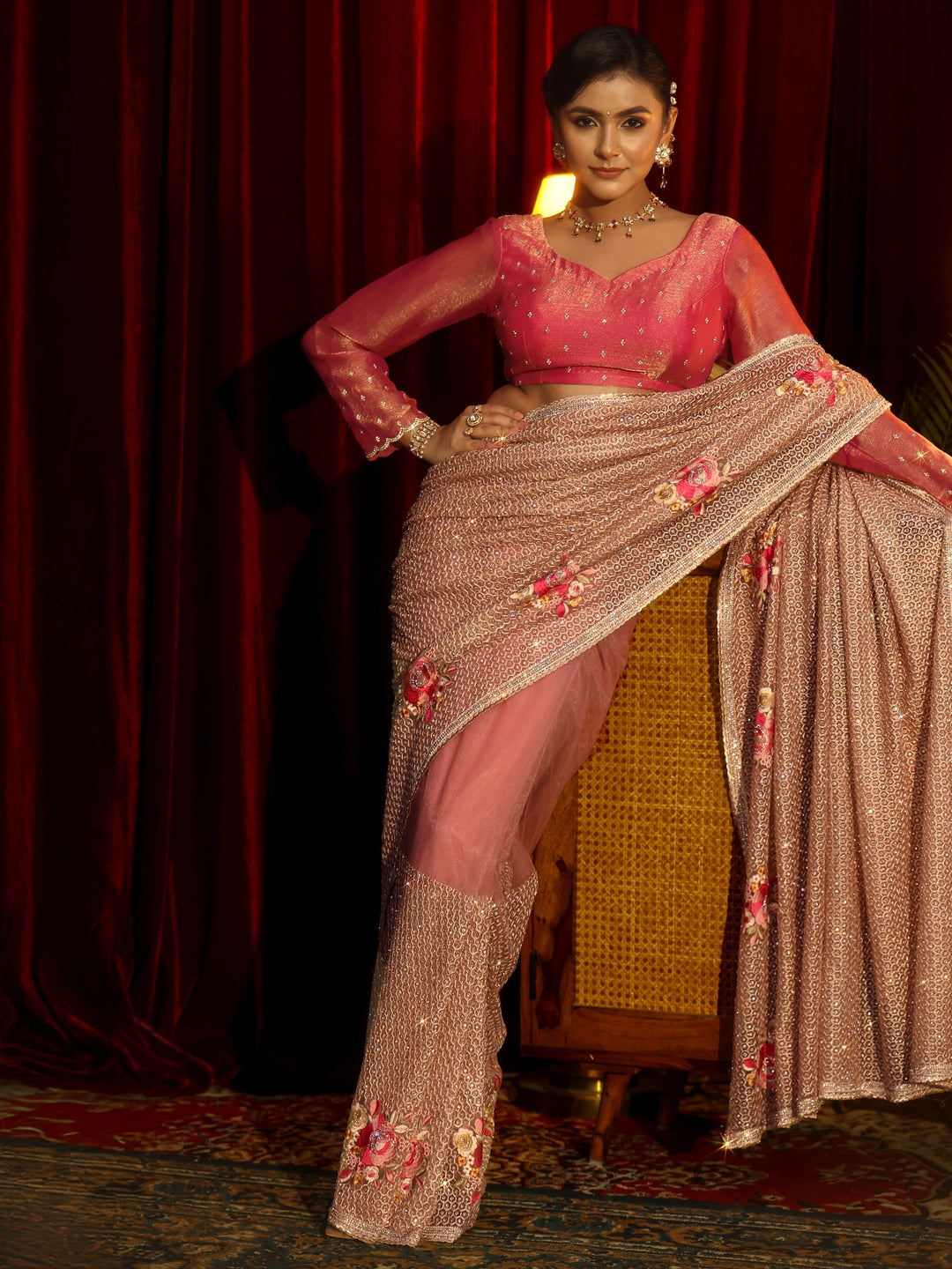 Libas Art Pink Floral Embellished Net Saree 