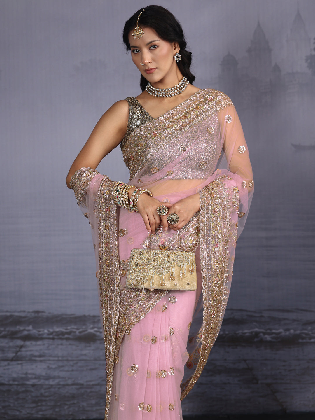  Libas Art Pink Floral Embellished Net Saree with Scalloped Border 