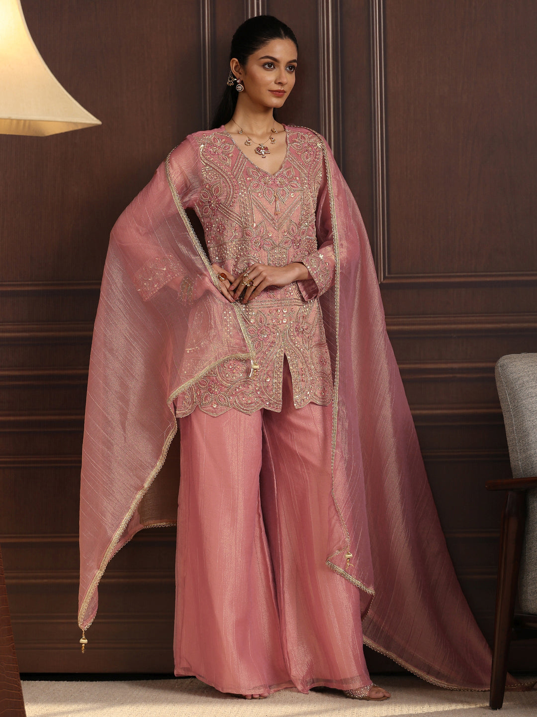 Libas Art Pink Floral Embellished Tissue Palazzo Suit Set