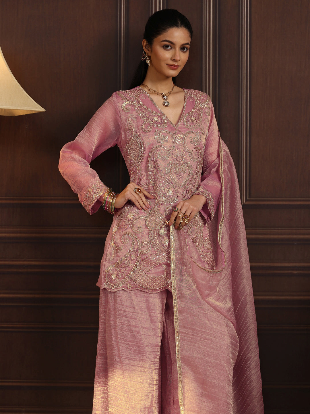 Libas Art Pink Floral Embellished Tissue Palazzo Suit Set