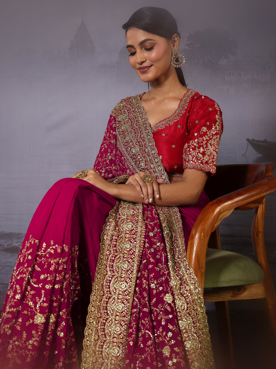  Libas Art Pink Floral Embroidered Stone Work Georgette Saree 