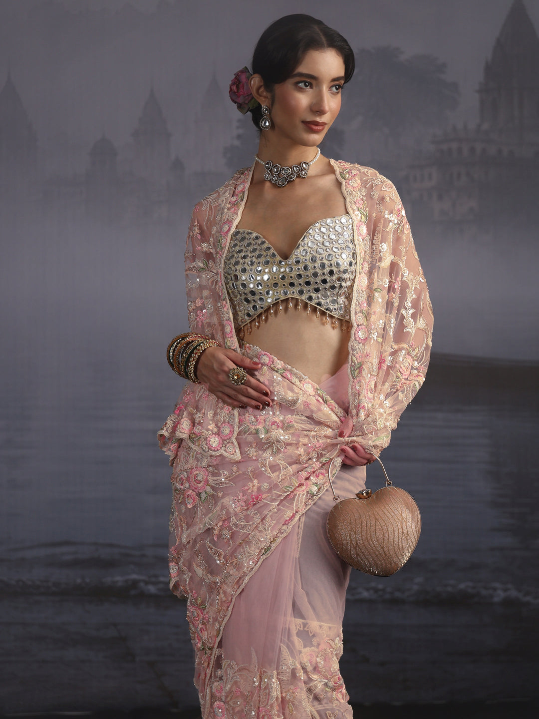  Libas Art Pink Floral Sequin Embellished Net Saree 