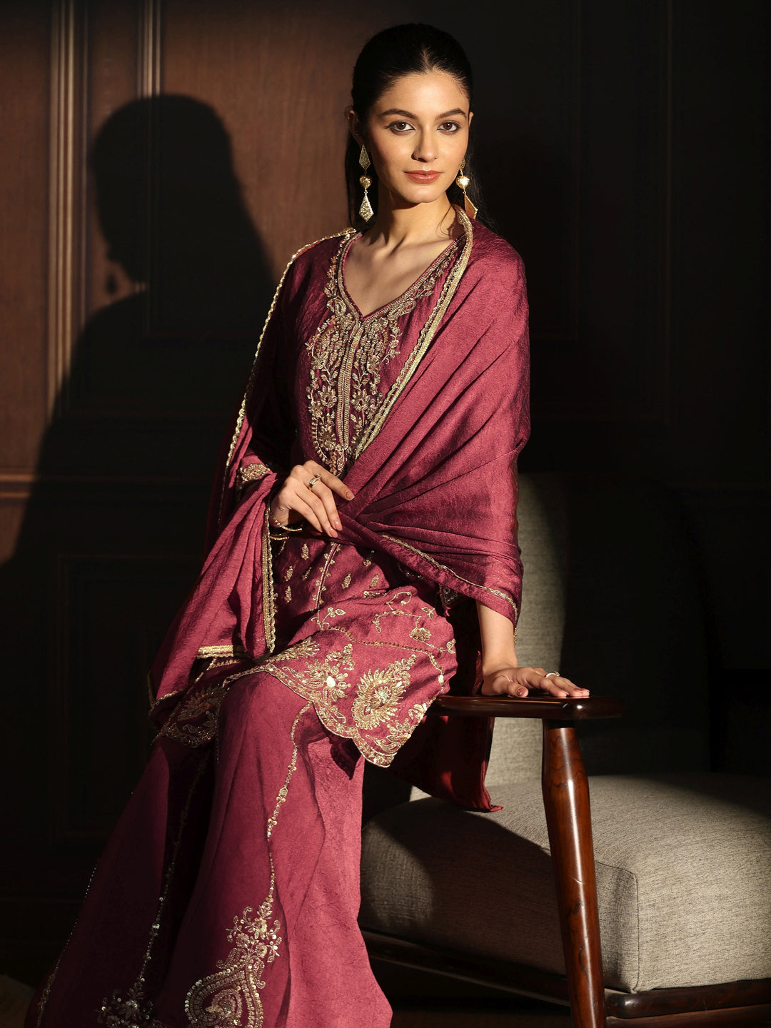  Libas Art Pink Floral Sequin Embellished Silk Blend Sharara Suit Set 
