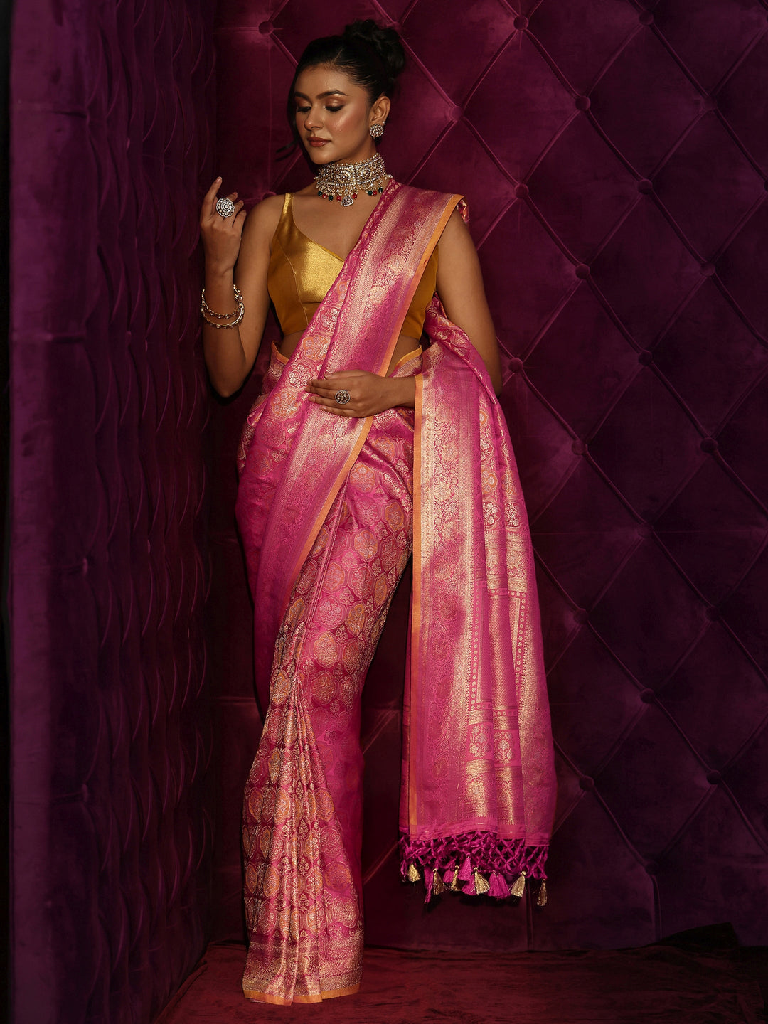 Libas Art Pink Mughal Floral Design Silk Blend Tassel Saree