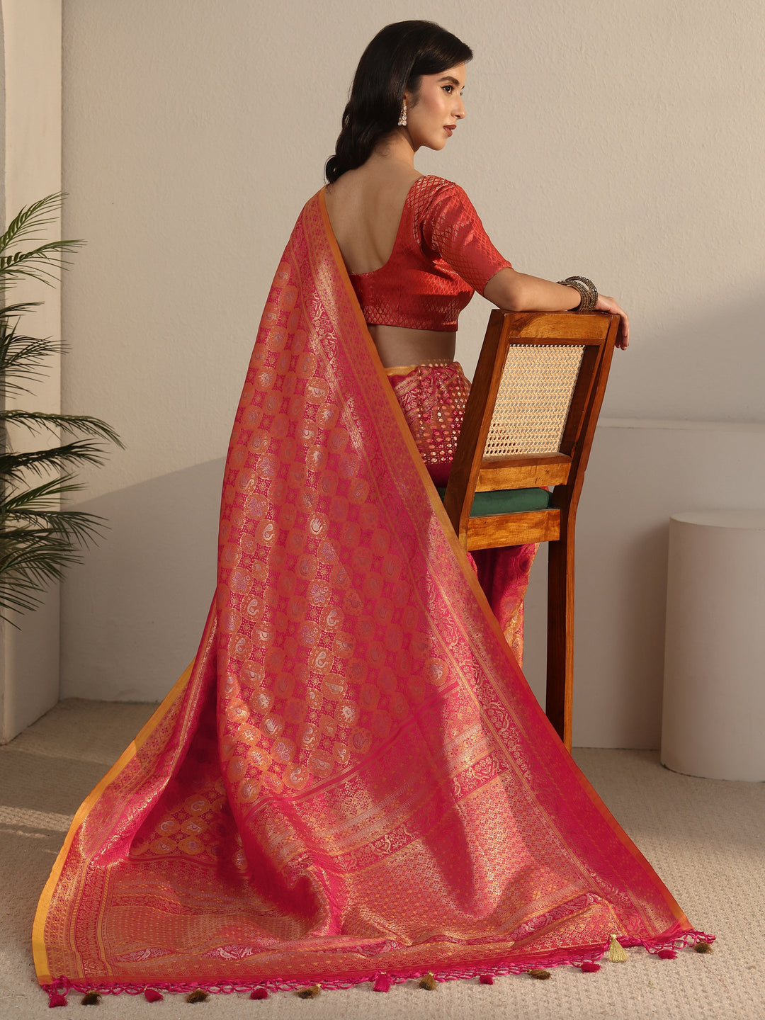 Libas Art Pink Patola Woven Design Silk Blend Tassel Saree