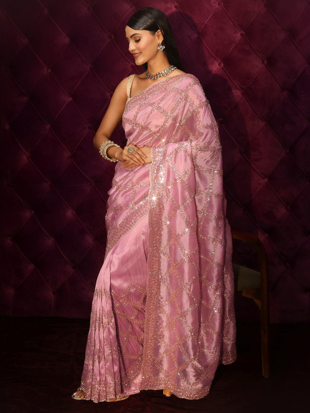  Libas Art Pink Sequin Embellished Tissue Saree 