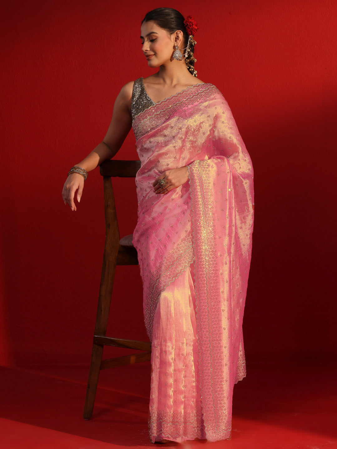  Libas Art Pink Stone Work Embellished Tissue Saree 
