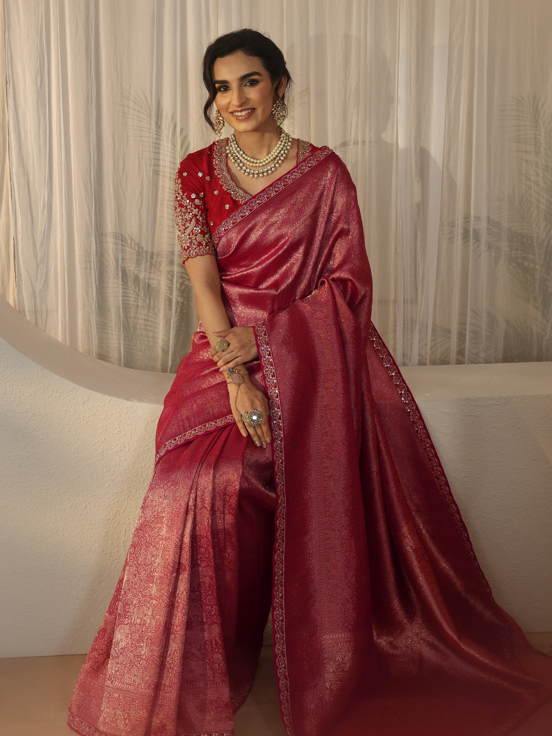  Libas Art Pink Textured Silk Blend Saree with Embellished Border 