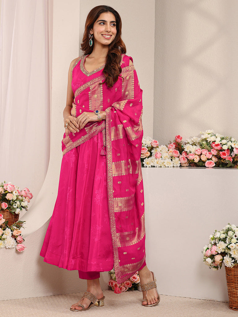 Libas Art Pink Woven Design Silk Blend A-Line Suit Set With Dupatta