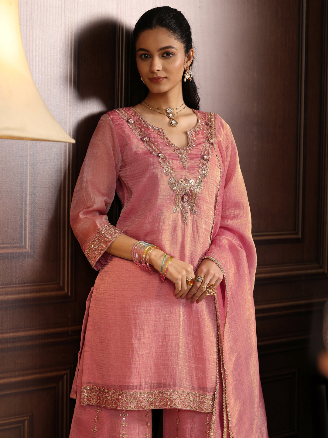 Libas Art Pink Yoke Design Embellished Tissue Sharara Suit Set