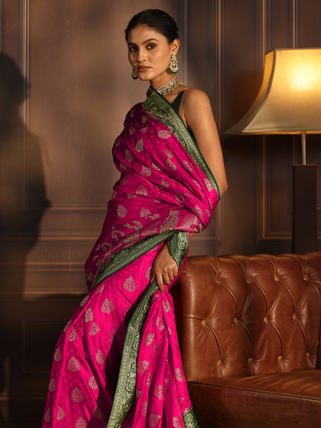 Libas Art Pink and Green Banarasi Silk Saree with Stone Work