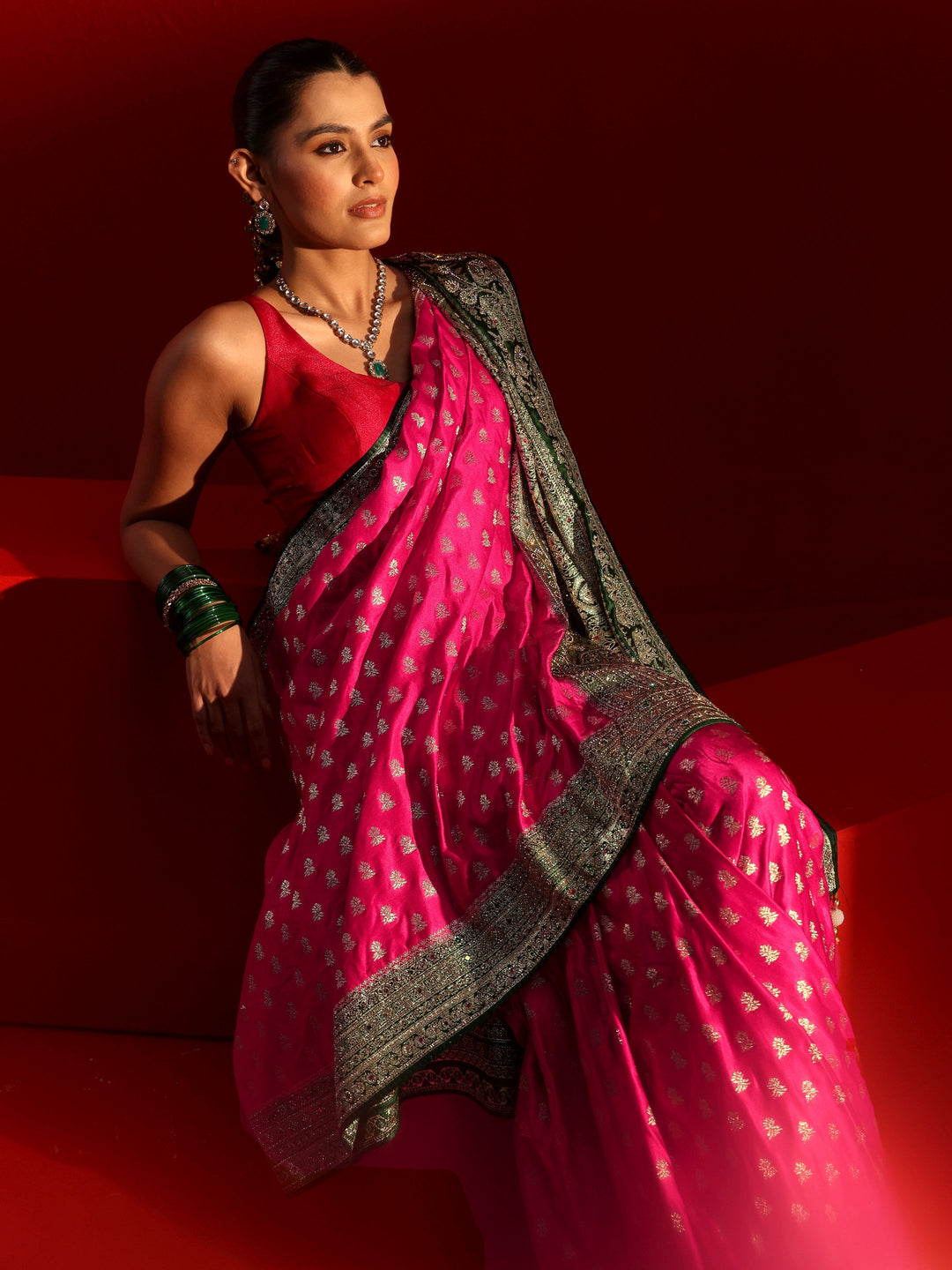  Libas Art Pink and Green Woven Design Stone Work Satin Saree 