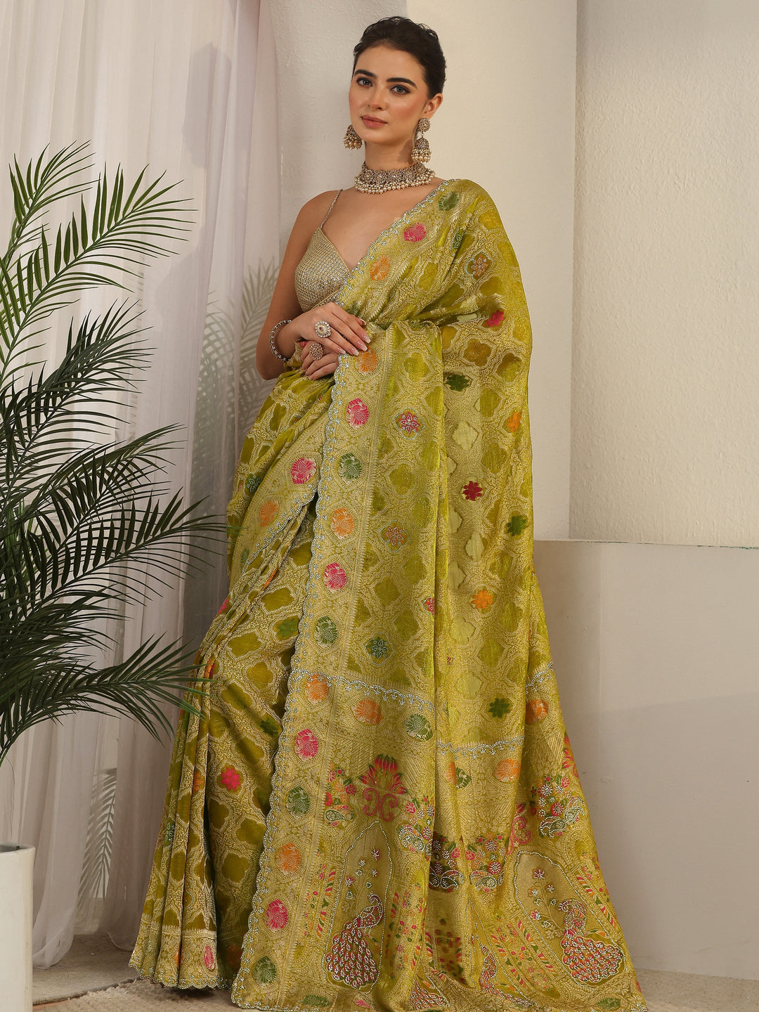 Libas Art Pista Green Embellished Chiffon Saree