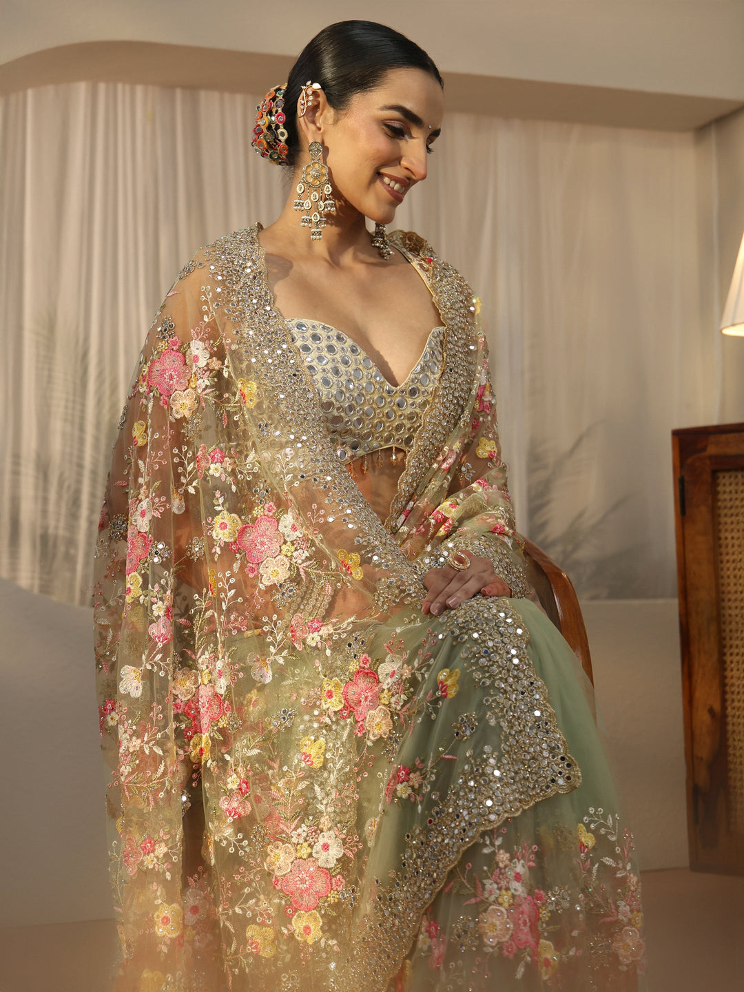  Libas Art Pista Green Floral Embellished Net Saree 