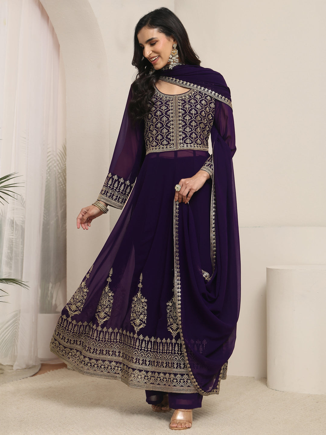  Libas Art Plum Purple Floral Embroidered Georgette Anarkali Suit Set 