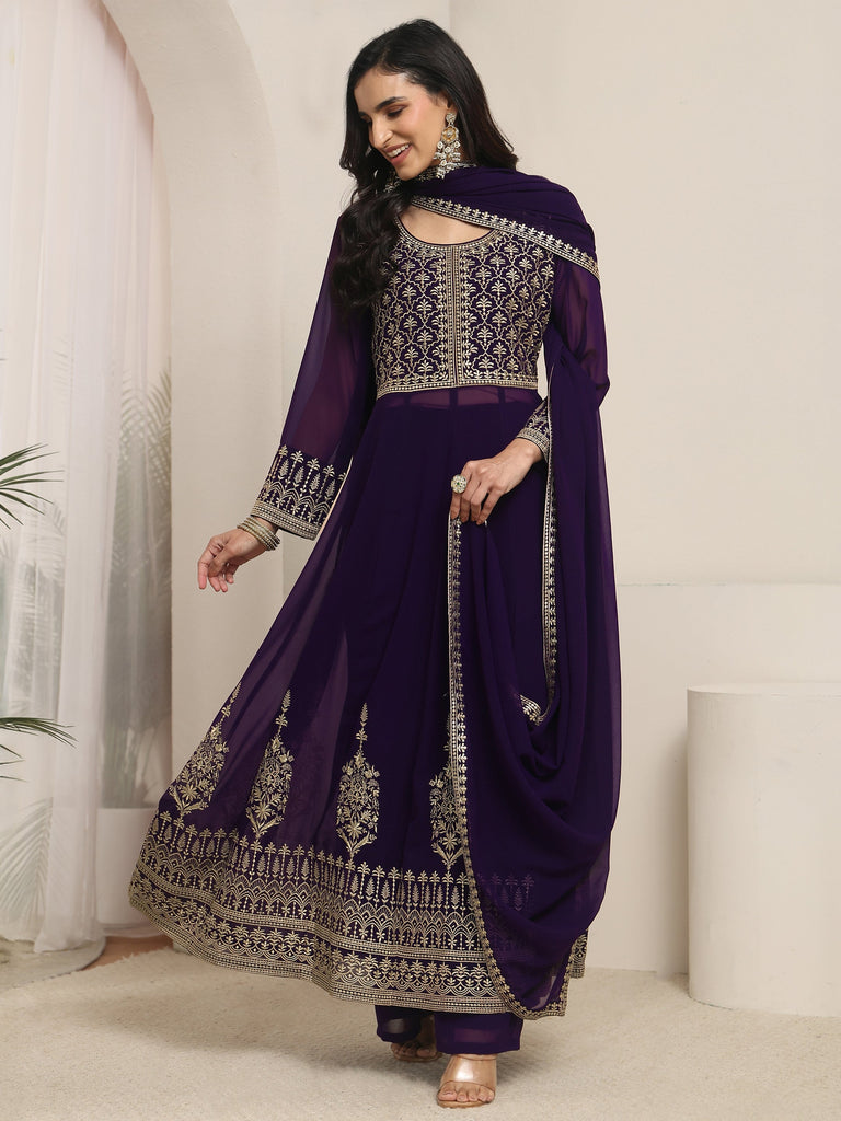 Libas Art Plum Purple Floral Embroidered Georgette Anarkali Suit Set