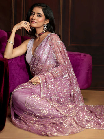 Libas Art Purple Embellished Net Saree