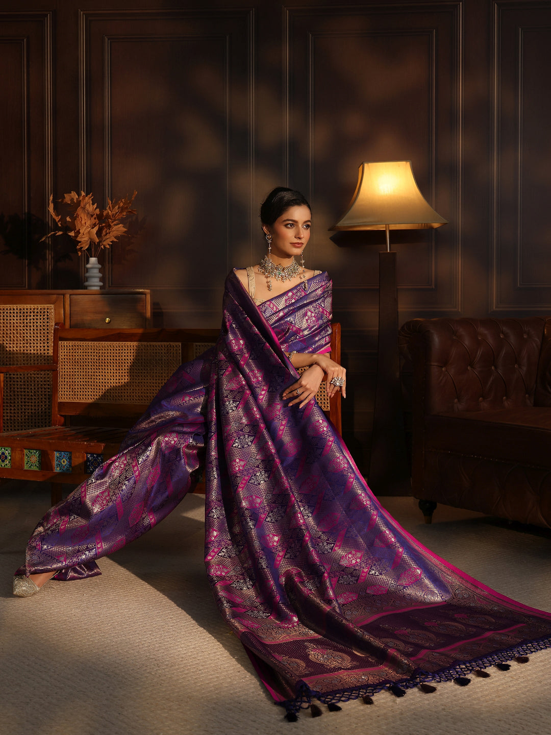 Libas Art Purple Ethnic Woven Design Silk Blend Tassel Saree