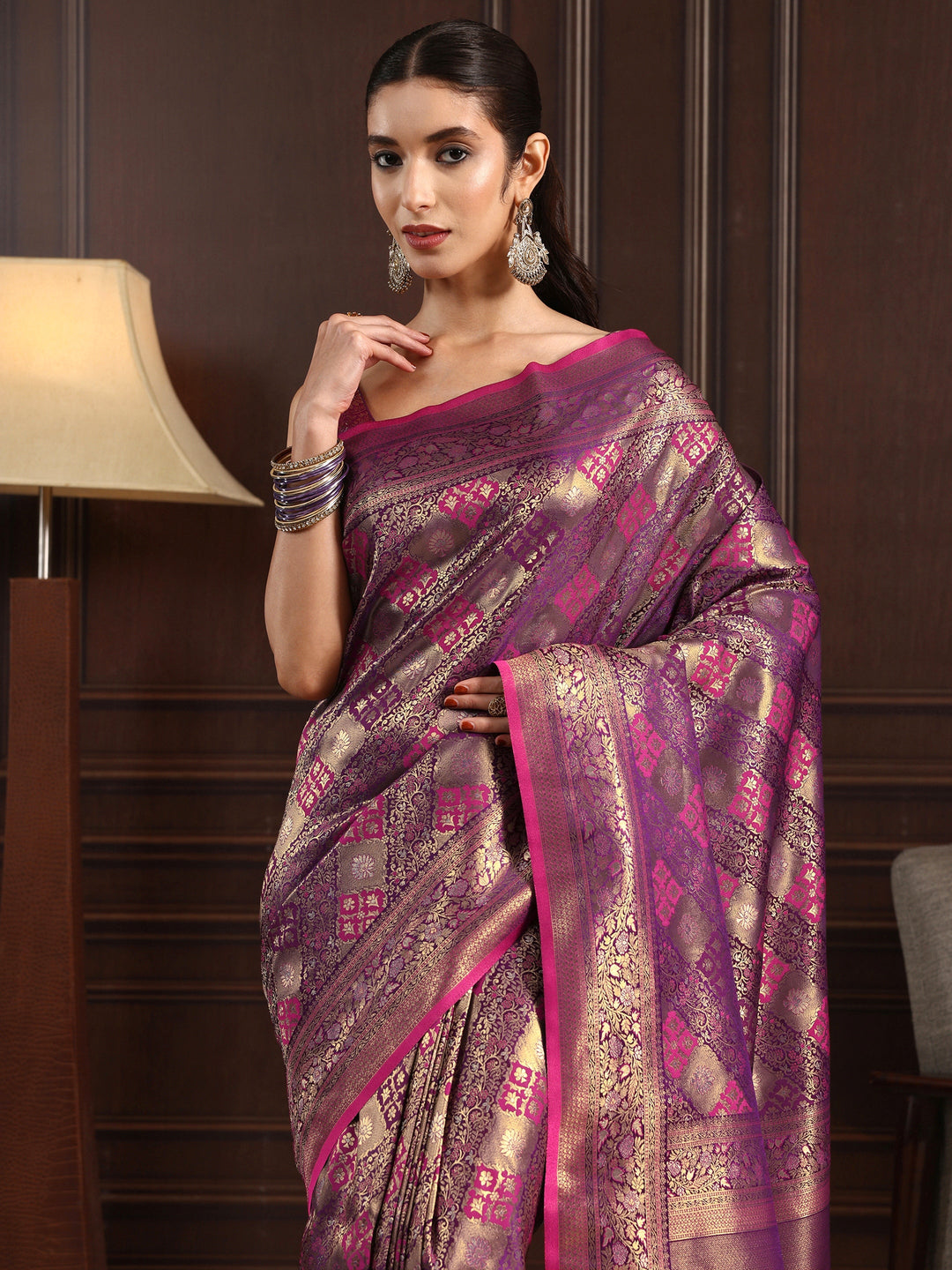 Libas Art Purple Ethnic Woven Design Silk Blend Tassel Saree