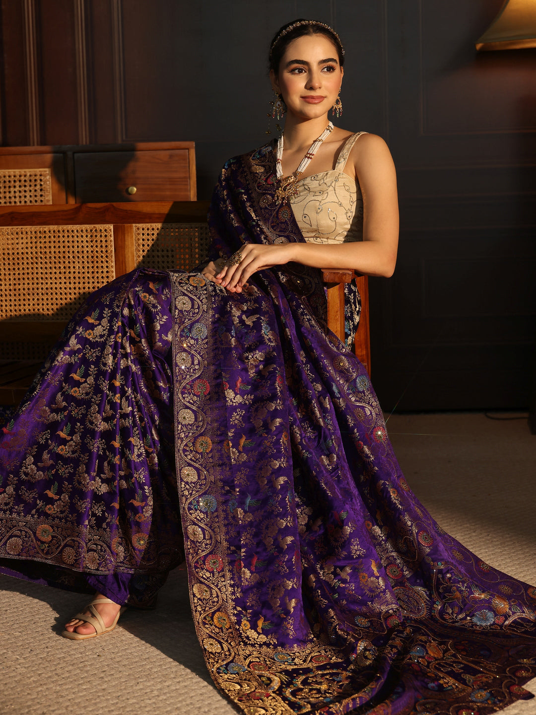 Libas Art Purple Floral Woven Design Satin Saree