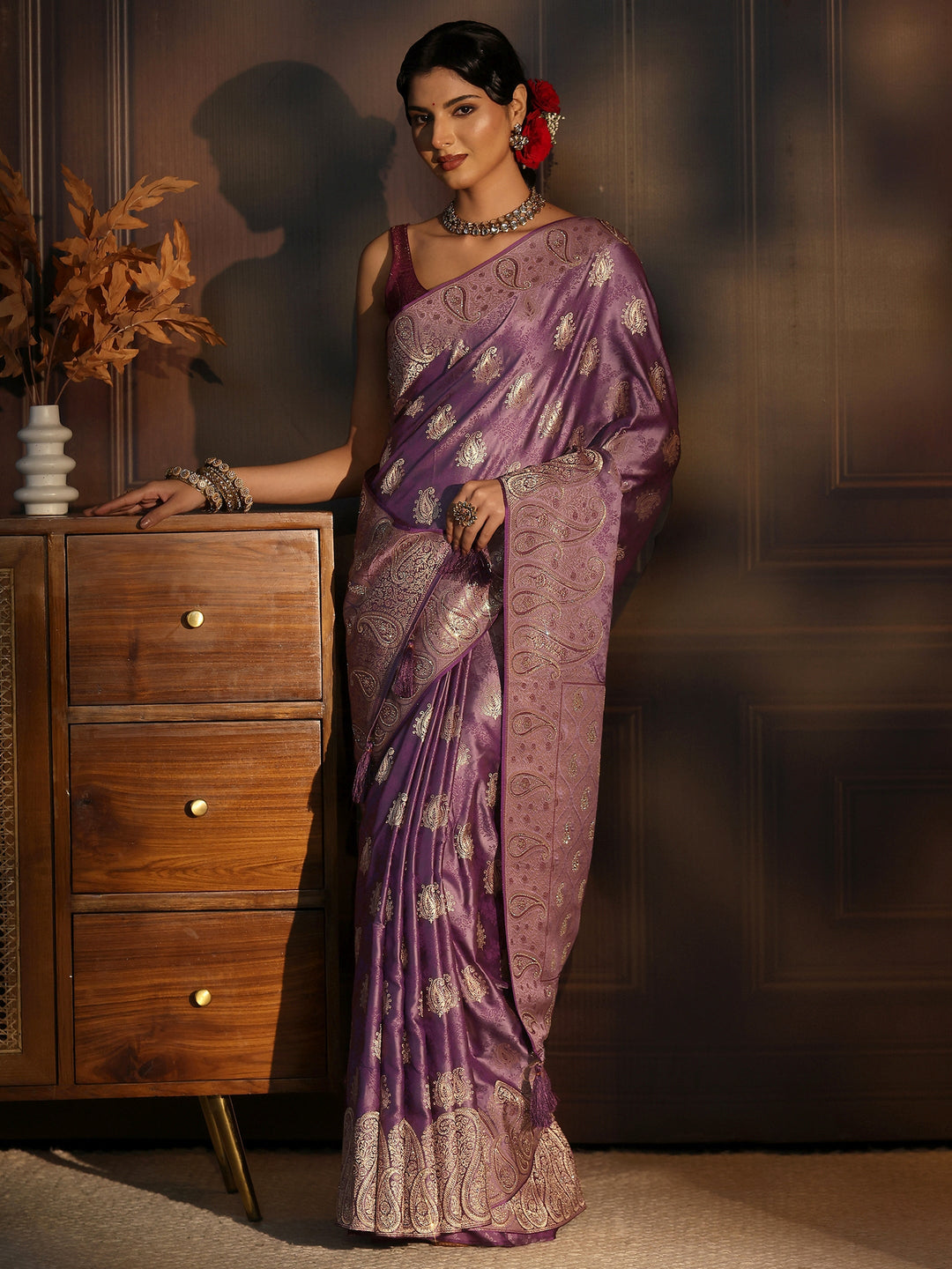 Libas Art Purple Paisley Woven Design Satin Saree